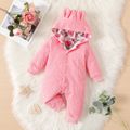 Baby Girl Solid Textured 3D Ears Hooded Long-sleeve Button Front Jumpsuit Red image 1