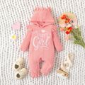 Baby Girl 95% Cotton Knit Textured Long-sleeve Letter Embroidered 3D Ears Hooded Ruffle Trim Jumpsuit Pink image 1