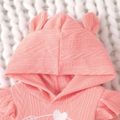 Baby Girl 95% Cotton Knit Textured Long-sleeve Letter Embroidered 3D Ears Hooded Ruffle Trim Jumpsuit Pink image 4
