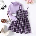 2pcs Kid Girl Plaid Cotton Slip Dress and Turtleneck Ribbed Crop Tee Set Purple image 1