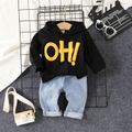2pcs Baby Boy/Girl Letter Embroidered Long-sleeve Hoodie and Jeans Set Black