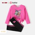 Tom and Jerry 2pcs Kid Girl Letter Print Tie Knot Long-sleeve Pink Tee and Striped Pants Set Dark Pink