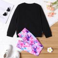 2pcs Kid Girl Heart Embroidered Black Pullover Sweatshirt and Tie Dyed Leggings Set Black image 2