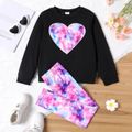 2pcs Kid Girl Heart Embroidered Black Pullover Sweatshirt and Tie Dyed Leggings Set Black image 1