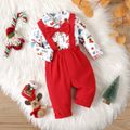 Christmas 2pcs Baby Boy 100% Cotton Suspender Pants and Bow Front Allover Print Long-sleeve Shirt Set Red image 1