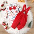 Christmas 2pcs Baby Boy 100% Cotton Suspender Pants and Bow Front Allover Print Long-sleeve Shirt Set Red image 2