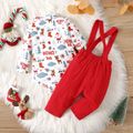 Christmas 2pcs Baby Boy 100% Cotton Suspender Pants and Bow Front Allover Print Long-sleeve Shirt Set Red image 3