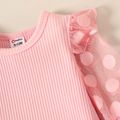 2pcs Baby Girl Pink Polka Dot Mesh Long-sleeve Spliced Rib Knit Top and Allover Floral Print Flared Pants Set Pink image 3