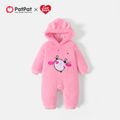Care Bears Baby Girl Cartoon Animal Graphic 3D Ears Hooded Long-sleeve Fuzzy Fleece Jumpsuit Dark Pink image 1