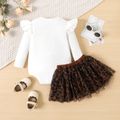 2pcs Baby Girl Figure & Letter Print Ruffle Long-sleeve Romper and Leopard Mesh Skirt Set ColorBlock image 2