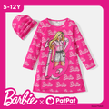 Barbie 2pcs Kid Girl Letter Allover Print Long-sleeve Dress and Cap Set Pink