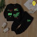 2pcs Toddler Boy Letter Print Luminous Black Pullover Sweatshirt and Elasticized Pants Set Black image 3