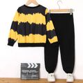 2pcs Kid Boy Colorblock Tie Dyed Pullover Sweatshirt and Pocket Design Black Pants Set Yellow image 2