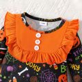 Halloween 2pcs Baby Girl Allover Print Long-sleeve Ruffle Trim Jumpsuit with Headband Set Orange