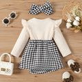2pcs Baby Girl Solid Rib Knit Ruffle Trim Long-sleeve Spliced Houndstooth Asymmetric Hem Button Dress with Headband Set BlackandWhite