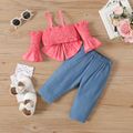 2pcs Baby Girl 100% Cotton Floral Print Straight-fit Pants and Cold Shoulder Bell-sleeve Bow Front Shirred Cami Top Set Pink image 2