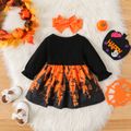 Halloween 2pcs Baby Girl 95% Cotton Long-sleeve Graphic Spliced Dress with Headband Set Black image 2