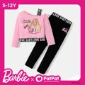 Barbie 2pcs Kid Girl Character Letter Print Strap Long-sleeve Tee and Black Cotton Leggings Set Pink