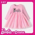 Barbie Toddler Girl Letter Print Cotton Mesh Splice Long-sleeve Pink Dress Pink