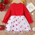 Kid Girl Heart Embroidered Ribbed Mesh Splice Long-sleeve Dress Red image 5