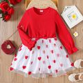 Kid Girl Heart Embroidered Ribbed Mesh Splice Long-sleeve Dress Red image 1