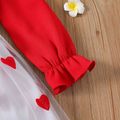 Kid Girl Heart Embroidered Ribbed Mesh Splice Long-sleeve Dress Red image 4