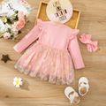 2pcs Baby Girl Pink Rib Knit Ruffle Long-sleeve Spliced Allover Daisy Floral Print Mesh Dress with Headband Set Pink image 2
