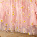 2pcs Baby Girl Pink Rib Knit Ruffle Long-sleeve Spliced Allover Daisy Floral Print Mesh Dress with Headband Set Pink image 3