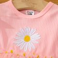 2pcs Baby Girl Pink Rib Knit Ruffle Long-sleeve Spliced Allover Daisy Floral Print Mesh Dress with Headband Set Pink image 4