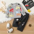 2pcs Baby Girl Allover Vehicle Print Long-sleeve Sweatshirt and Ripped Jeans Set Grey image 1