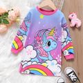 Toddler Girl Sweet Unicorn Rainbow Print Long-sleeve Sweatshirt Dress Purple image 1