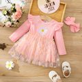 2pcs Baby Girl Pink Rib Knit Ruffle Long-sleeve Spliced Allover Daisy Floral Print Mesh Dress with Headband Set Pink image 1