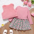 2pcs Toddler Girl Faux-two Floral Print Splice Dress and Fuzzy Fleece Vest Set Pink image 2