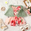 2pcs Baby Girl Thermal Fuzzy Cloak and Allover Floral Print Belted Tank Dress Set Pink image 2