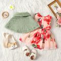 2pcs Baby Girl Thermal Fuzzy Cloak and Allover Floral Print Belted Tank Dress Set Pink image 3