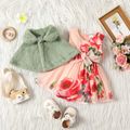2pcs Baby Girl Thermal Fuzzy Cloak and Allover Floral Print Belted Tank Dress Set Pink image 1