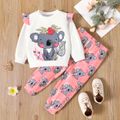 2pcs Toddler Girl Elephant Floral Print Ruffled Sweatshirt and Elasticized Pants Set PinkyWhite image 1