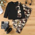 2pcs Kid Boy Leopard Print Pocket Design Sweatshirt and Elasticized Pants Set Black image 1