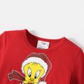 Looney Tunes Toddler Girl Christmas Tweety Print Mesh Splice Long-sleeve Red Dress Red-2 image 3