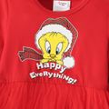 Looney Tunes Toddler Girl Christmas Tweety Print Mesh Splice Long-sleeve Red Dress Red-2 image 4