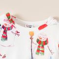 Christmas 2pcs Baby Girl Allover Snowman Print Long-sleeve Romper and Red Thickened Fleece Ruffle Suspender Skirt Set Burgundy image 3