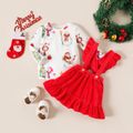 Christmas 2pcs Baby Girl Allover Snowman Print Long-sleeve Romper and Red Thickened Fleece Ruffle Suspender Skirt Set Burgundy image 1