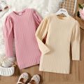 Kid Girl Solid Color Textured Long Puff-sleeve Dress Pink image 2