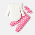 Barbie 3pcs Baby Girl Ruffle Long-sleeve Graphic Romper and Allover Print Pants with Headband Set PinkyWhite image 2