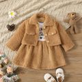 2pcs Baby Girl Thermal Fuzzy Jacket and Letter Print Long-sleeve Spliced Dress Set Brown image 1
