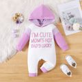 Baby Girl 95% Cotton Letter Print Colorblock Long-sleeve Hooded Jumpsuit Purple