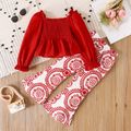 2pcs Toddler Girl Christmas Square Neck Smocked Red Blouse(100% Cotton) and Floral Print Flared Pants Set Red image 2