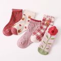 5 Paar Rundsocken mit floralem Karomuster und kleinem Bärenmuster für Kleinkinder rosa image 1