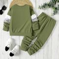 2pcs Kid Boy Colorblock Pullover Sweatshirt and Elasticized Pants Set Green image 2