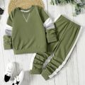 2pcs Kid Boy Colorblock Pullover Sweatshirt and Elasticized Pants Set Green image 1